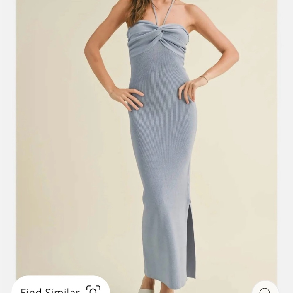Blue Halter Top Ribbed Dress with Slit